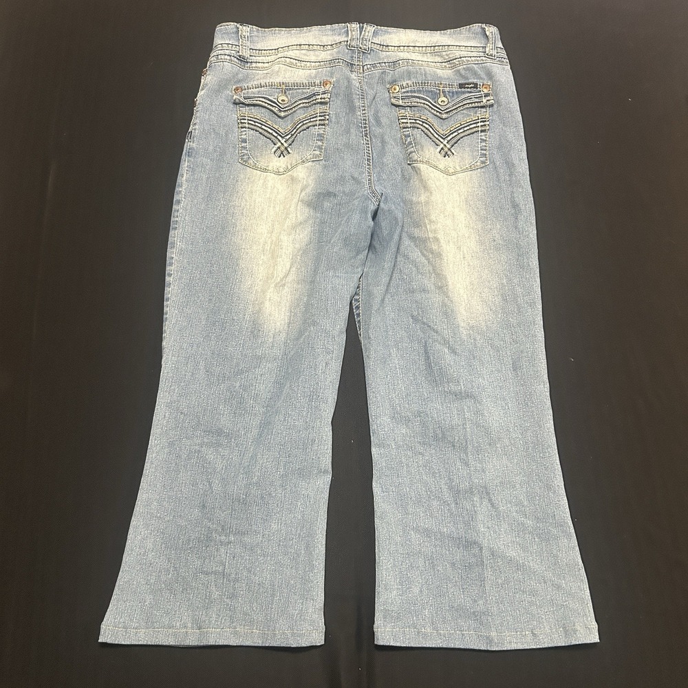 Y2K Angels Size 14 Baggy Wide Leg Cropped Gaucho Jeans Embroidered Flap Pockets